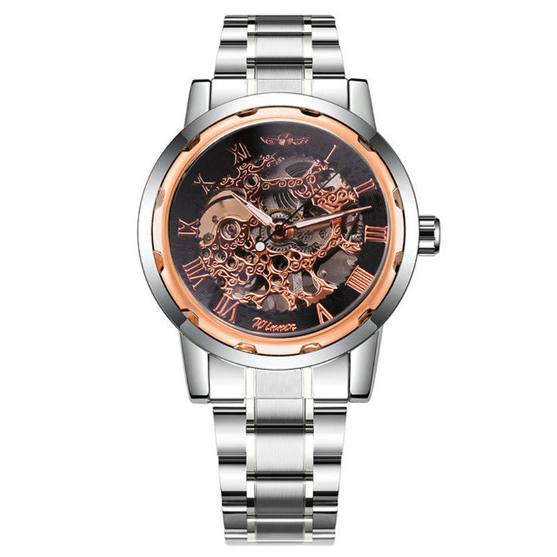 Silver and rose gold watch with a detailed face on a white background