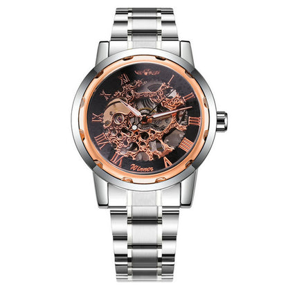 Silver and rose gold watch with a detailed face on a white background