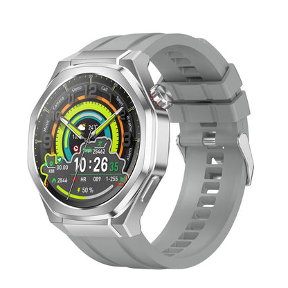 Silver smartwatch with a colorful display on a white background
