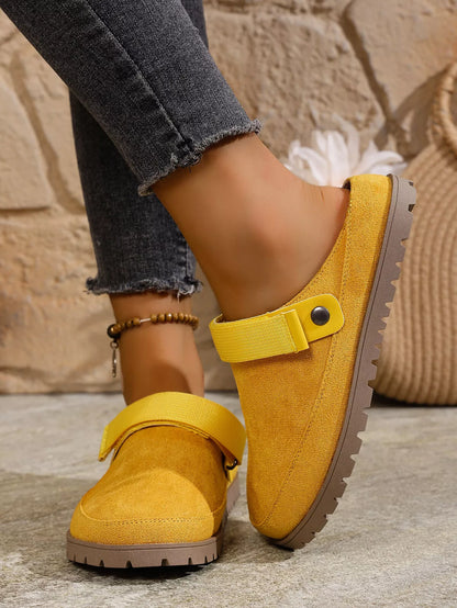 Yellow round-toe slip-on flats with side strap and bead anklet detail