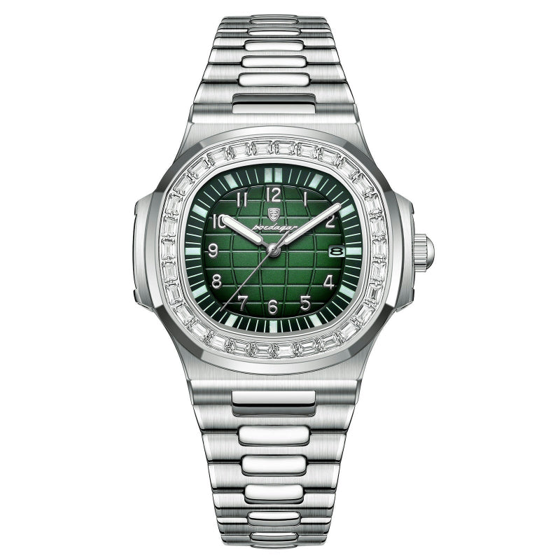 Quartz dress watch with silver bezel, green dial, and stainless steel link bracelet