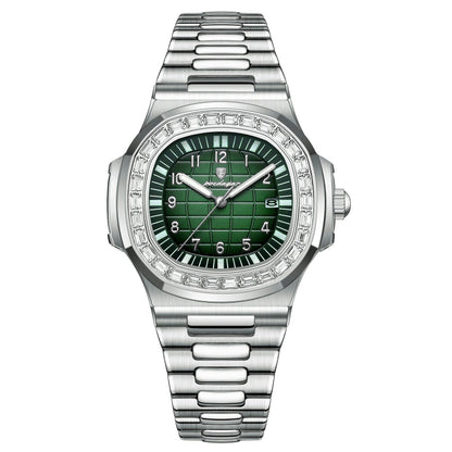 Quartz dress watch with silver bezel, green dial, and stainless steel link bracelet
