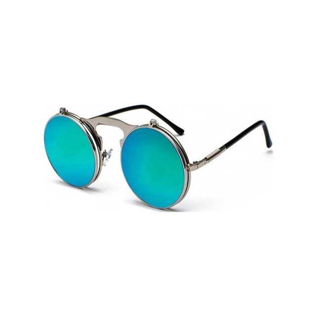 Round sunglasses with teal lenses and metallic frame on a white background