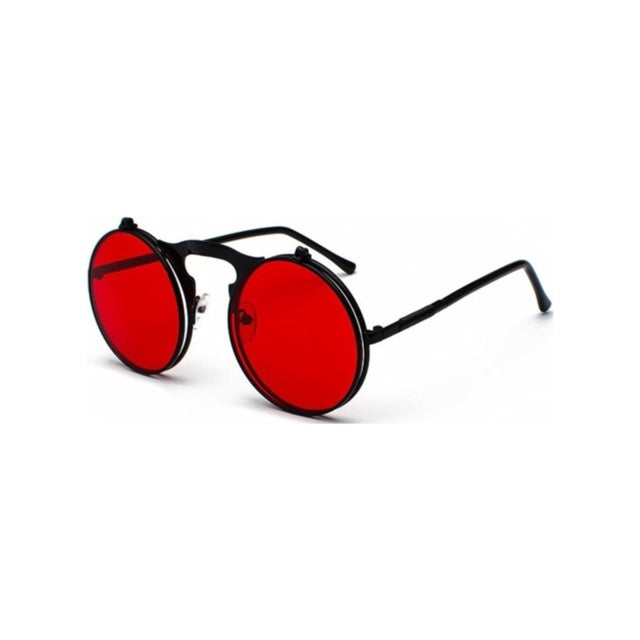 Round sunglasses with red lenses and black frames on a white background