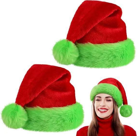 Two red and green elf hats with a person wearing one of them on a white background