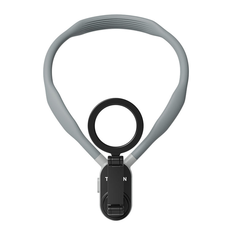 Gray silicone neck strap with black magnetic phone mount clip, front view.