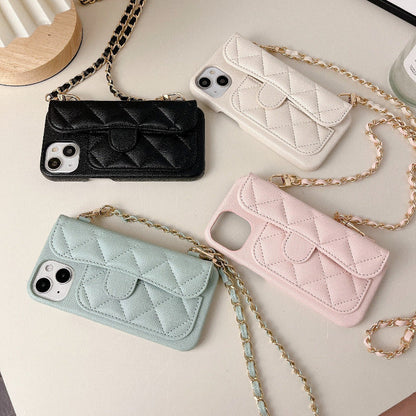 Quilted phone crossbody cases with gold chain straps, black, white, mint, and pink