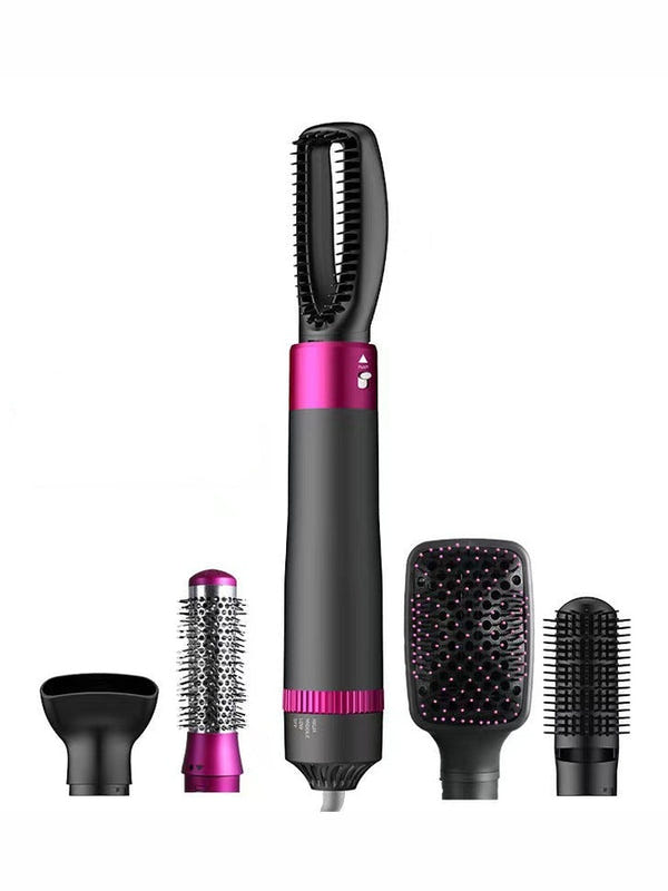 5-in-1 hair dryer brush with brush attachments: straight, curl, and comb, in grey and pink.