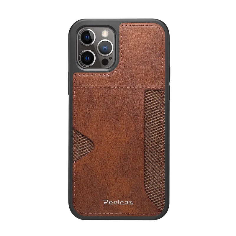 Medium brown leather card phone case with front card slot and textured side sleeve