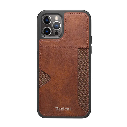 Medium brown leather card phone case with front card slot and textured side sleeve