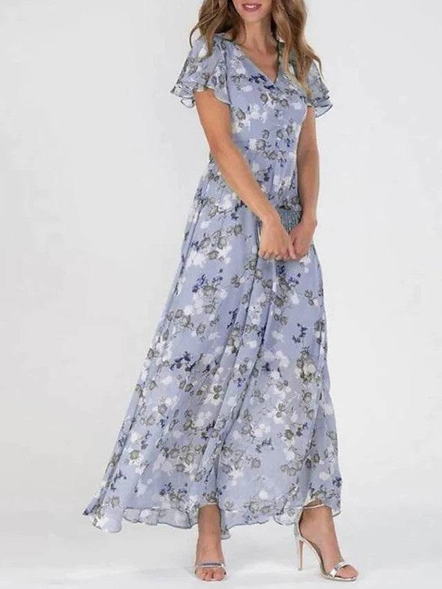 Flowers Print Short Sleeve Dress Summer Fashion Ruffle Beach Dresses Women's Clothing - YAXSO