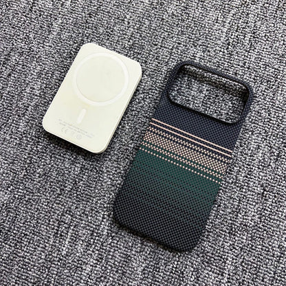 Magnetic iPhone case with teal-blue gradient back, camera cutout, shown with white magnetic plate