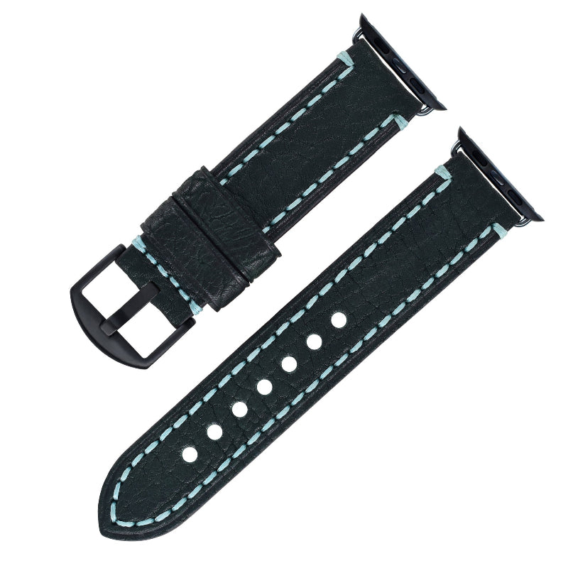 Black watch strap with white stitching on a white background