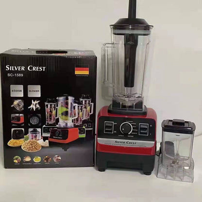Red and black countertop blender with clear tall jug and small blending cup, plus box