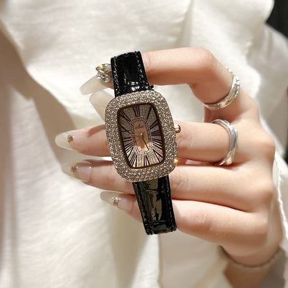 Women's diamond waterproof quartz watch with black leather-look strap and rectangular bezel