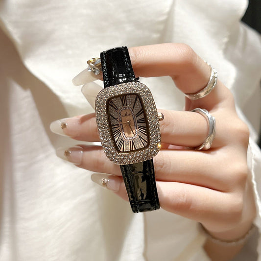 Women's diamond waterproof quartz watch with black leather-look strap and rectangular bezel