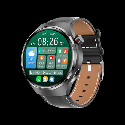 Black smartwatch with round screen and brown leather-style strap
