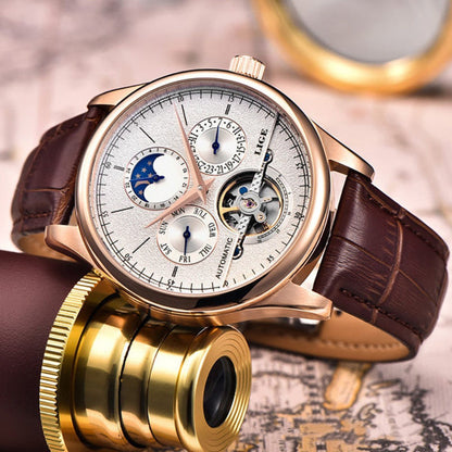 Automatic calendar watch side close-up, rose-gold case, brown leather strap with buckle