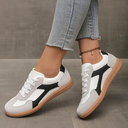 Women’s casual outdoor sneakers, white with black panels and gum outsole