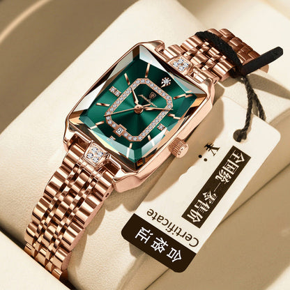 Women's waterproof quartz watch with rose-gold metal bracelet and green jeweled square dial