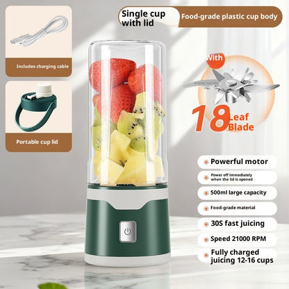 Single-cup USB electric juicer cup, green base, 18-leaf blade, with lid