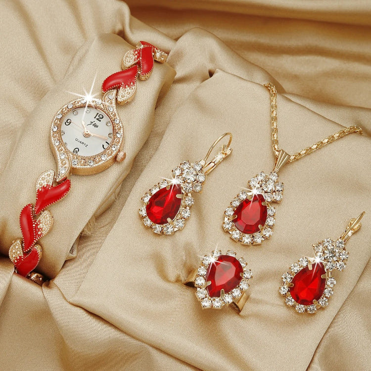 Quartz watch jewelry set with red bow strap watch and red crystal teardrop earrings