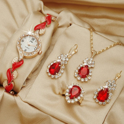 Quartz watch jewelry set with red bow strap watch and red crystal teardrop earrings