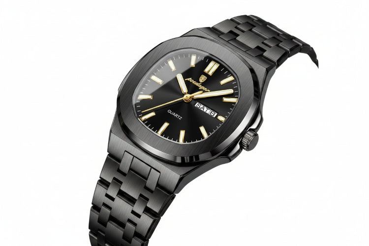 Black wristwatch with gold accents on a beige surface, featuring a certificate of conformity.