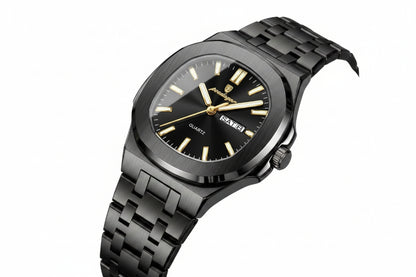Black wristwatch with gold accents on a beige surface, featuring a certificate of conformity.
