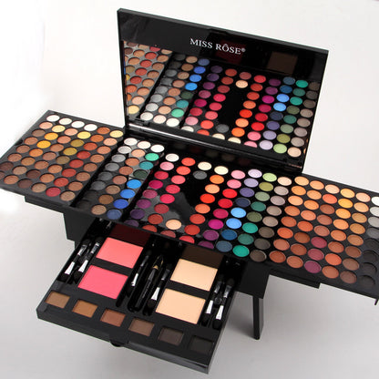Makeup palette set with various colors and tools on a white background, featuring the brand 'Miss Rose'.
