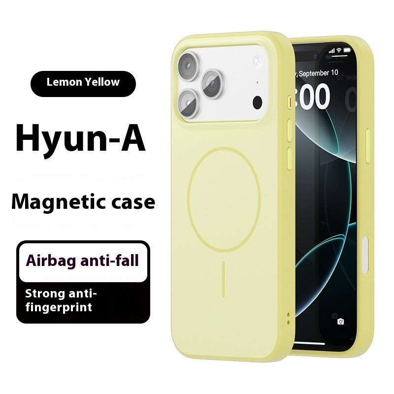 Lemon yellow magnetic phone case with circular grip and camera cutouts