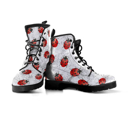 Women’s combat boots with white ladybug print, black lug sole and lace-up ankle