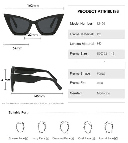 Black sunglasses with measurements and product attributes on a white background
