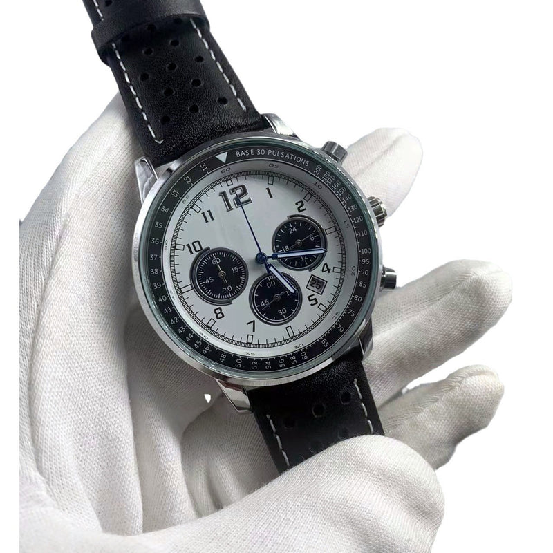 Silver-tone quartz watch with a light dial, three black subdials and a perforated black strap
