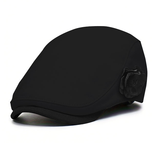 Black fabric beret with black flower accent and dark brim trim.