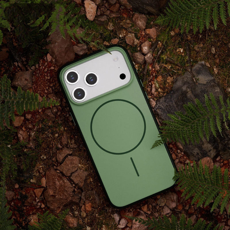 Green magnetic silicone iPhone case with camera cutouts and circular ring