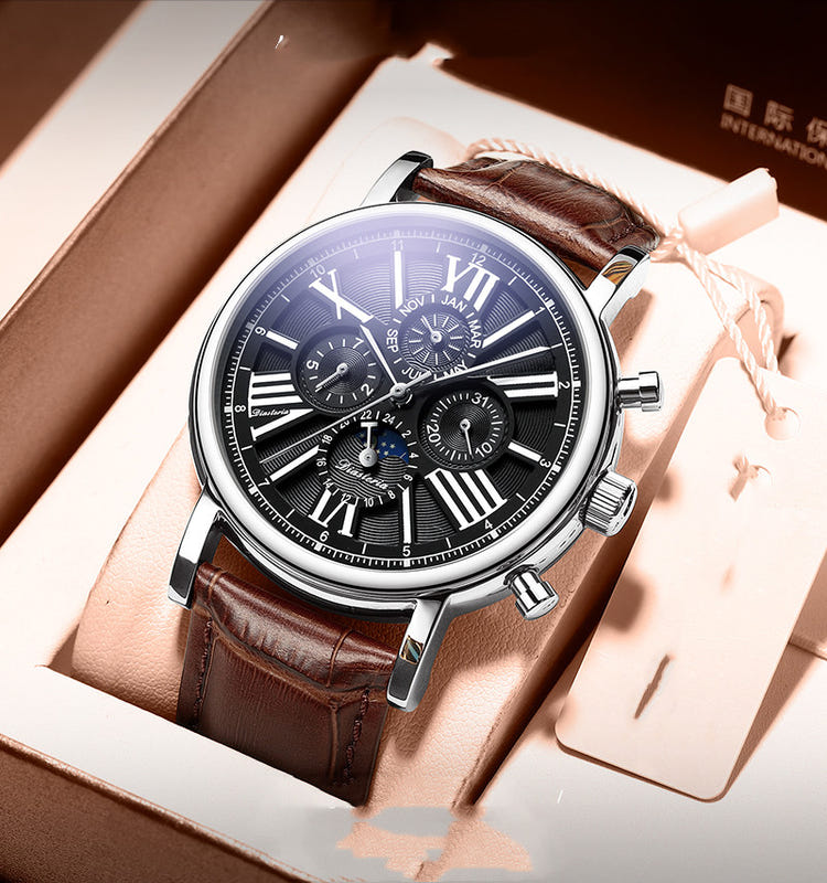 Mechanical multifunction watch with blue dial, roman numerals, brown leather strap, silver case