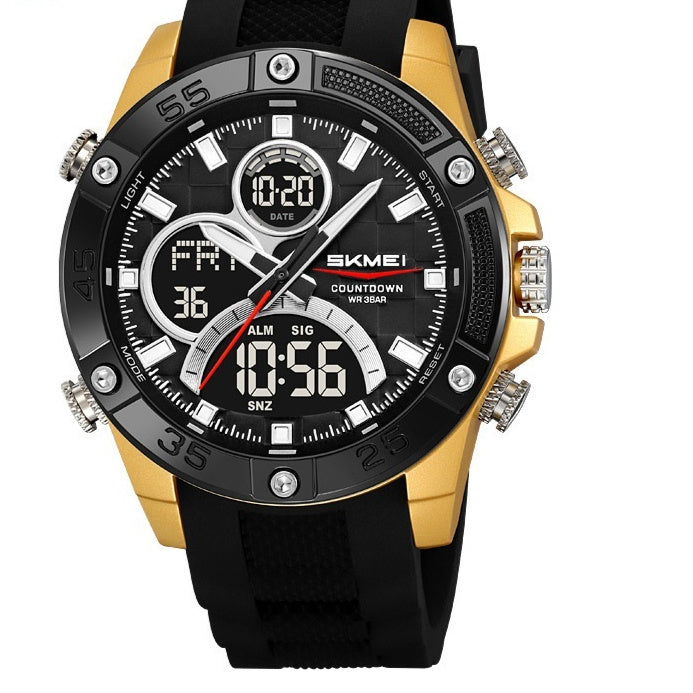 Wristwatch with black and gold design on a white background