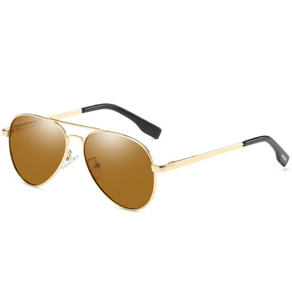 Gold-framed sunglasses with brown lenses on a white background