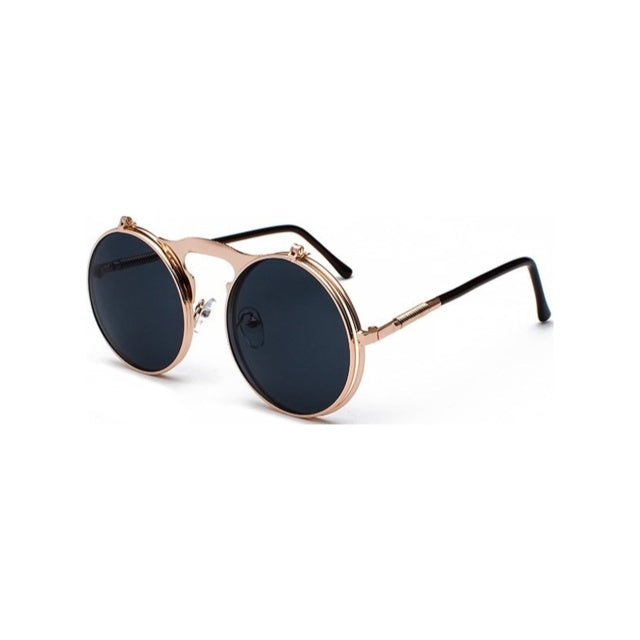 Round sunglasses with rose gold frame and black lenses on a white background