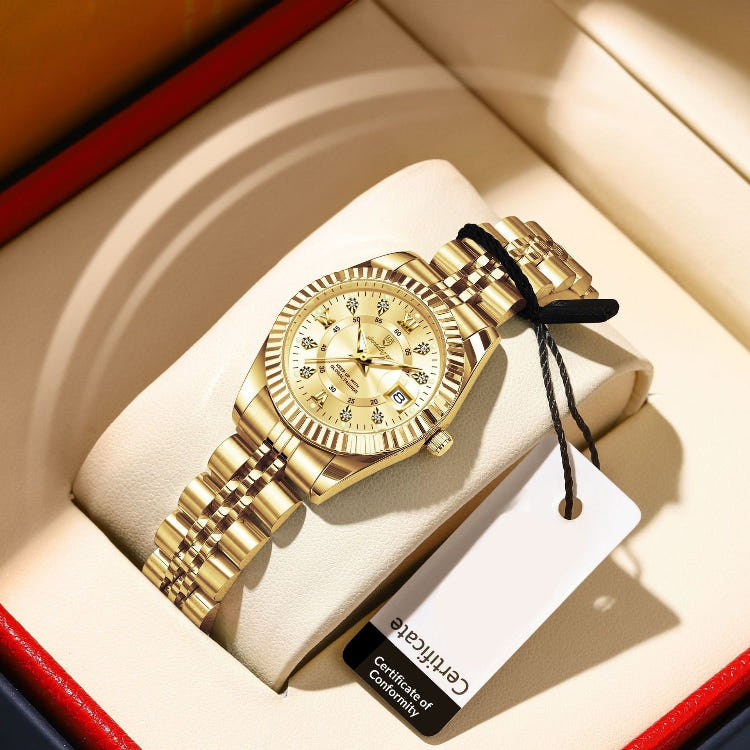 Women's quartz wristwatch with gold dial and two-tone stainless bracelet