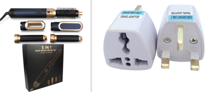 Collection of travel hair styling tools and two plugs on a white background