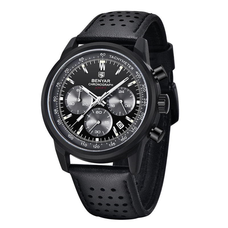 BENYAR quartz watch with black dial, black case and perforated black strap