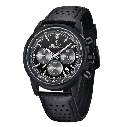 BENYAR quartz watch with black dial, black case and perforated black strap