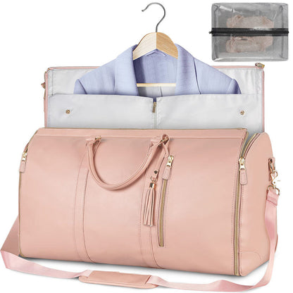 Large capacity travel duffle bag, light pink with shoulder strap, open top compartments