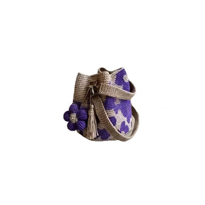 Hand-crocheted flower tote bag with purple geometric pattern, crochet flowers, tassel