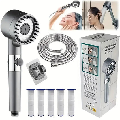 Handheld high output water shower set with hose, holder, and spray head