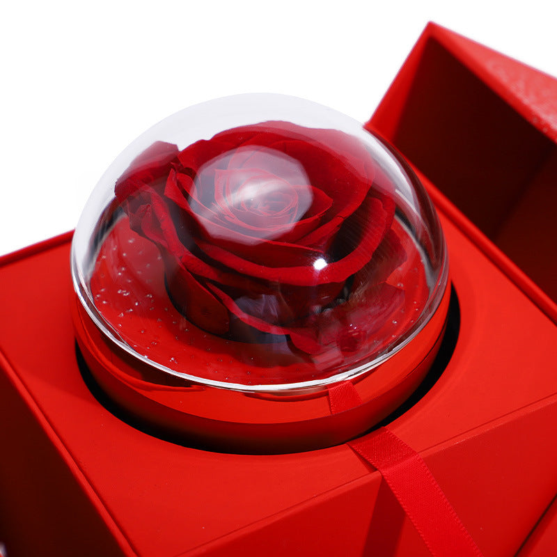 Red rose in a transparent dome on a red box