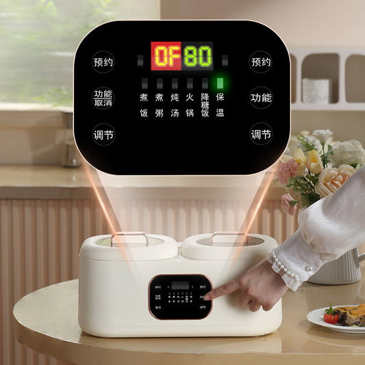 White multi-functional kitchen appliance with digital display on a kitchen counter.