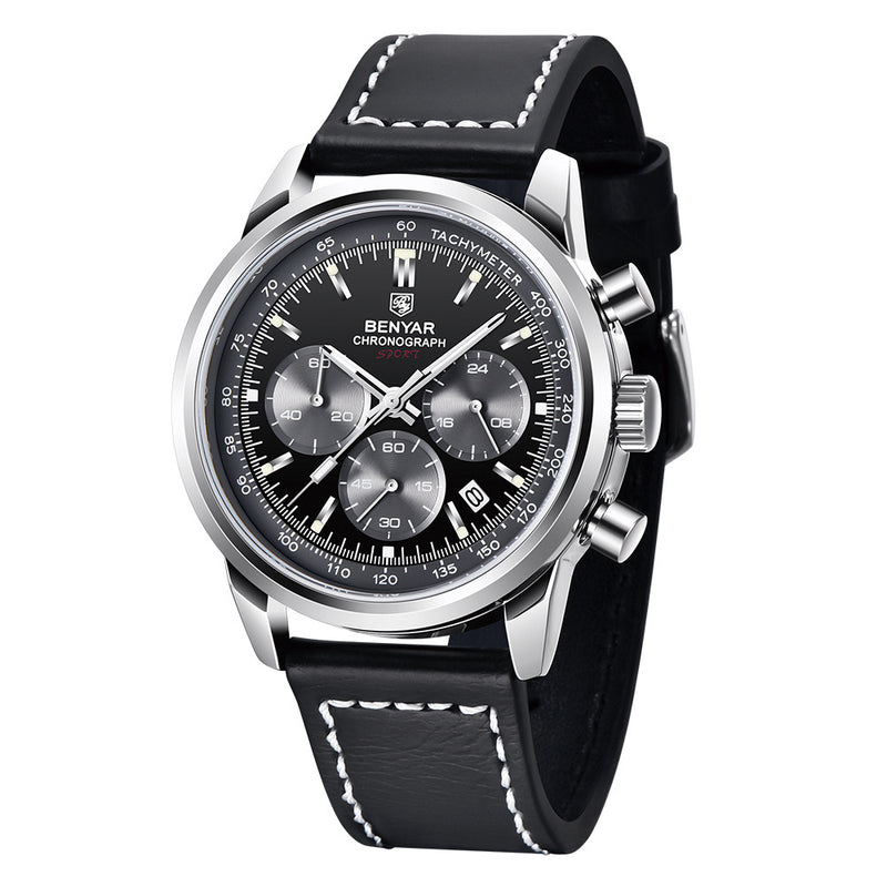 BENYAR quartz watch with black dial, silver-tone case and black strap with white stitching